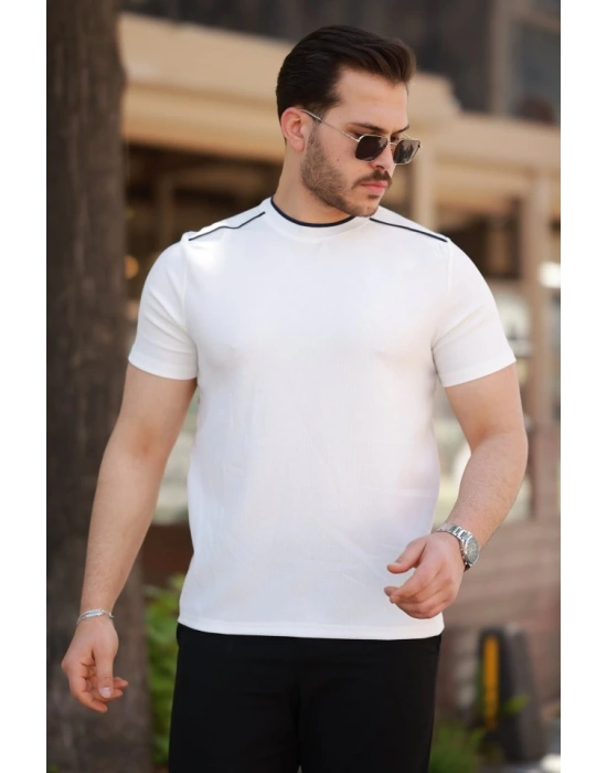 Erkek Omuzlar çizgi Detaylı Kısa Kollu T-shirt