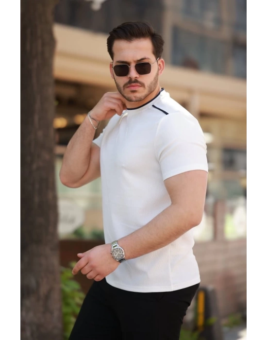 Erkek Omuzlar çizgi Detaylı Kısa Kollu T-shirt