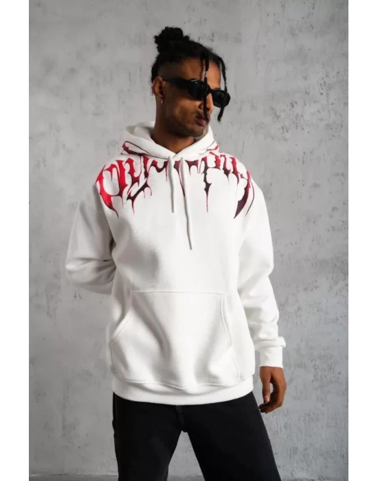 Erkek Ön Ve Arka Baskılı Kapüşonlu 3 İplik Sweatshirt - Beyaz