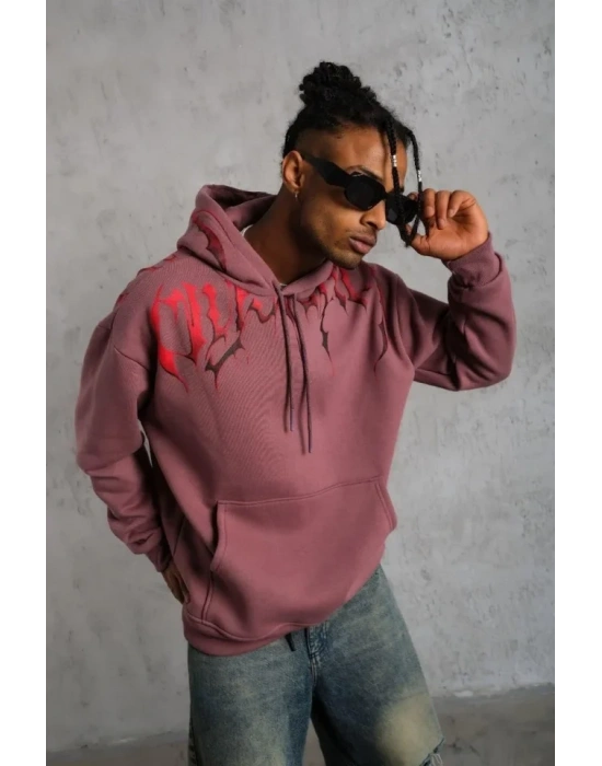 Erkek Ön Ve Arka Baskılı Kapüşonlu 3 İplik Sweatshirt - Gül Kurusu