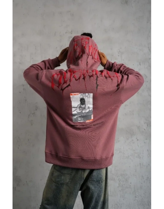 Erkek Ön Ve Arka Baskılı Kapüşonlu 3 İplik Sweatshirt - Gül Kurusu