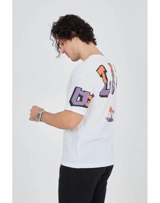 Erkek Ön Ve Arka Baskılı T-Shirt - Beyaz