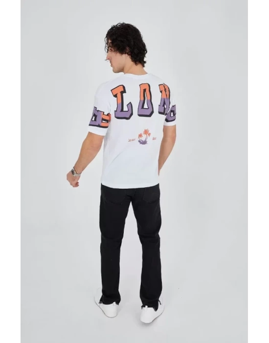 Erkek Ön Ve Arka Baskılı T-Shirt - Beyaz