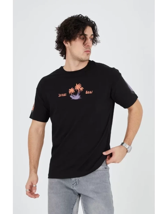 Erkek Ön Ve Arka Baskılı T-Shirt - Siyah