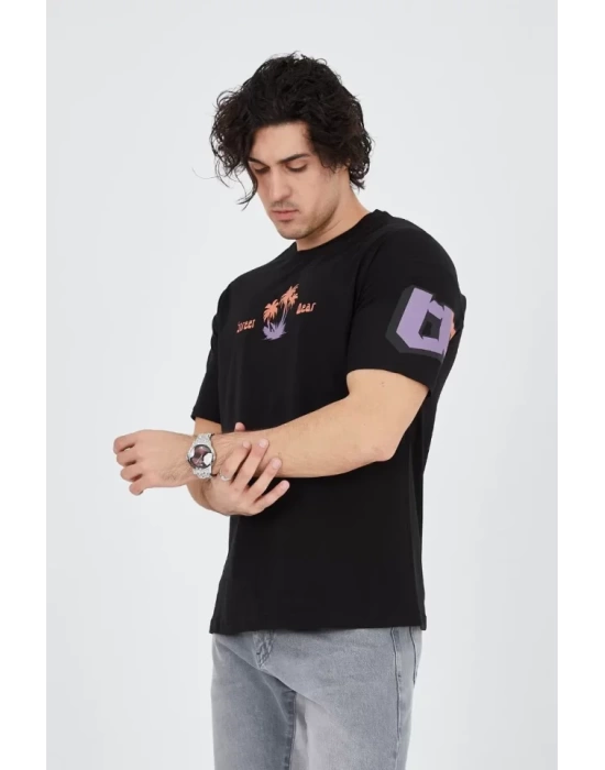 Erkek Ön Ve Arka Baskılı T-Shirt - Siyah