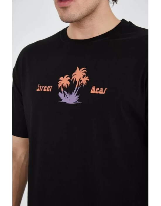 Erkek Ön Ve Arka Baskılı T-Shirt - Siyah