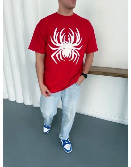 Erkek Örümcek Baskılı Tişört Kısa Kollu Bisiklet Yaka T-Shirt - Kırmızı