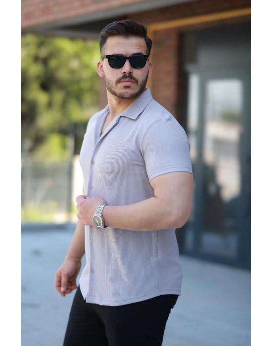 Erkek Ottoman Kumaş Apaj Yaka Kısa Kollu Gömlek