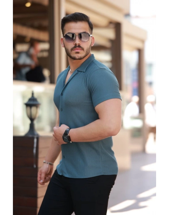 Erkek Ottoman Kumaş Apaj Yaka Kısa Kollu Gömlek