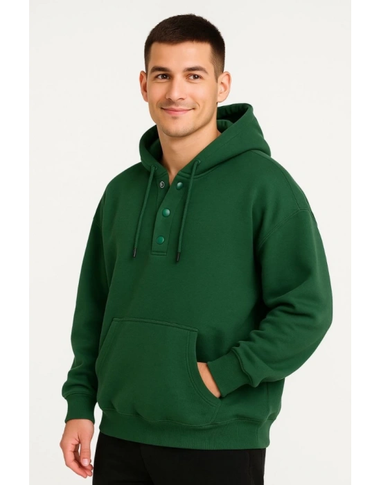 Erkek Ovarsize Kapüşonlu Swetshirt Kanguru Çepli Cıtcıtlı 3 Iplik Şardonlu Hoodie - Haki