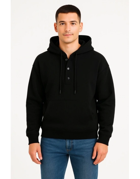 Erkek Ovarsize Kapüşonlu Swetshirt Kanguru Çepli Cıtcıtlı 3 Iplik Şardonlu Hoodie - Siyah