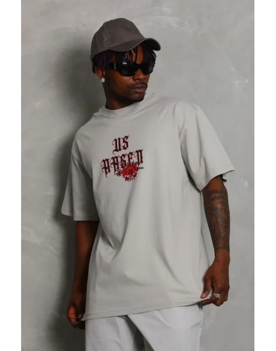 ERKEK Oversize Baskılı Bisiklet Yaka T-Shirt - Gri