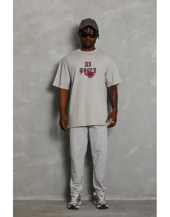 ERKEK Oversize Baskılı Bisiklet Yaka T-Shirt - Gri