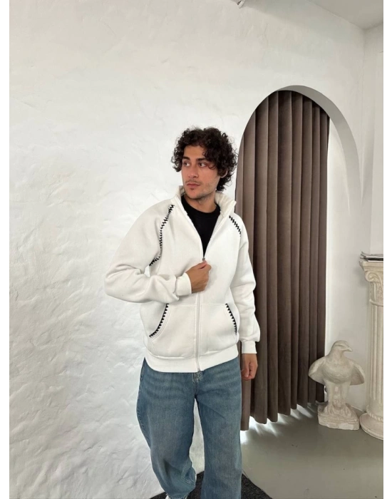 Erkek Oversize Dik Yaka Fermuarlı Sweatshirt - Zincir Nakışli Kanguru Cepli - Beyaz