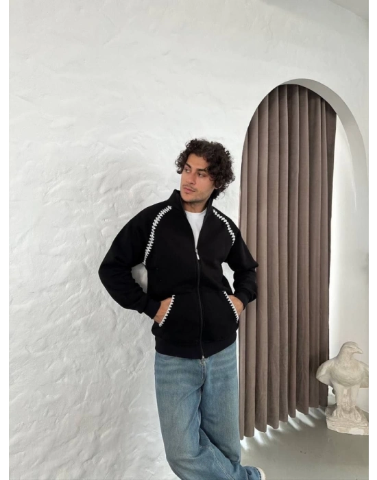 Erkek Oversize Dik Yaka Fermuarlı Sweatshirt - Zincir Nakışli Kanguru Cepli - Siyah