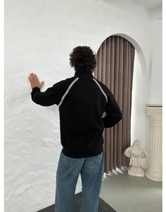 Erkek Oversize Dik Yaka Fermuarlı Sweatshirt - Zincir Nakışli Kanguru Cepli - Siyah