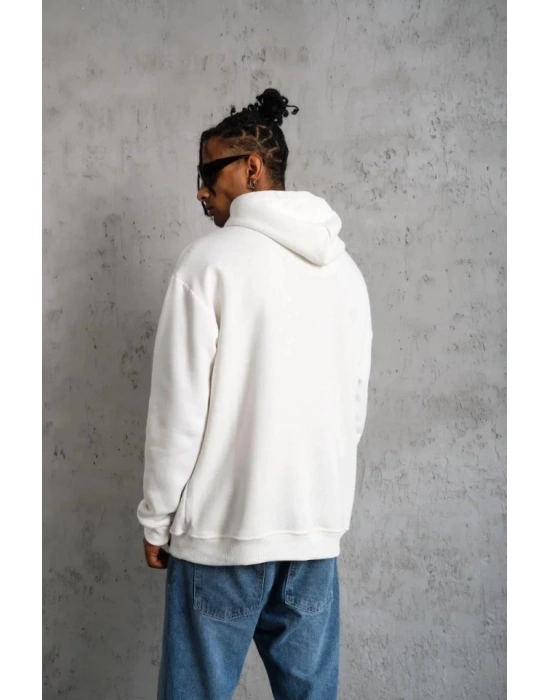 Erkek Oversize Kapüşonlu Sweatshirt – Beyaz Renk Üç İplik İçi Pamuklu Kanguru Cepli Baskılı Hoodie Rahat Kalıp Kışlık Günlük Kombinlere Uygun - Beyaz