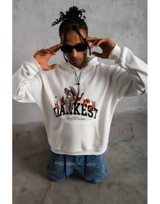 Erkek Oversize Kapüşonlu Sweatshirt – Beyaz Renk Üç İplik İçi Pamuklu Kanguru Cepli Baskılı Hoodie Rahat Kalıp Kışlık Günlük Kombinlere Uygun - Beyaz