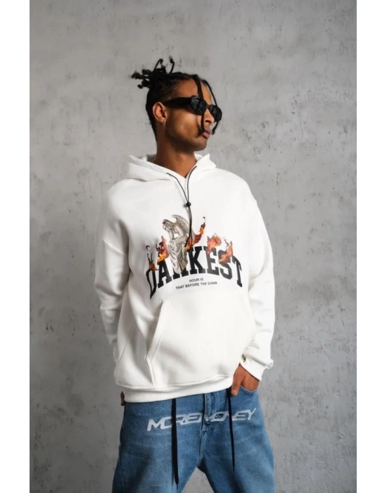 Erkek Oversize Kapüşonlu Sweatshirt – Beyaz Renk Üç İplik İçi Pamuklu Kanguru Cepli Baskılı Hoodie Rahat Kalıp Kışlık Günlük Kombinlere Uygun - Beyaz