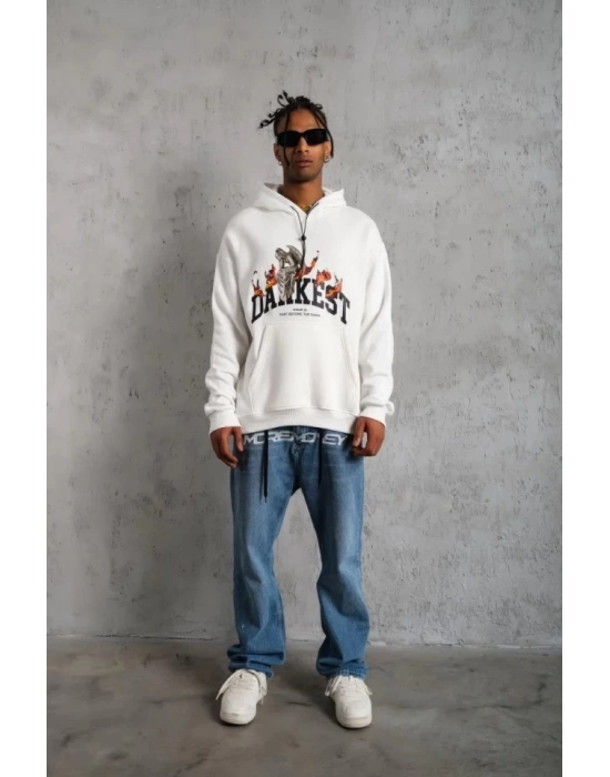 Erkek Oversize Kapüşonlu Sweatshirt – Beyaz Renk Üç İplik İçi Pamuklu Kanguru Cepli Baskılı Hoodie Rahat Kalıp Kışlık Günlük Kombinlere Uygun - Beyaz