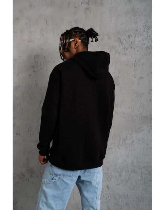 Erkek Oversize Kapüşonlu Sweatshirt – Siyah Renk Üç İplik İçi Pamuklu Kanguru Cepli Baskılı Hoodie Rahat Kalıp Kışlık Günlük Kombinlere Uygun - Siyah