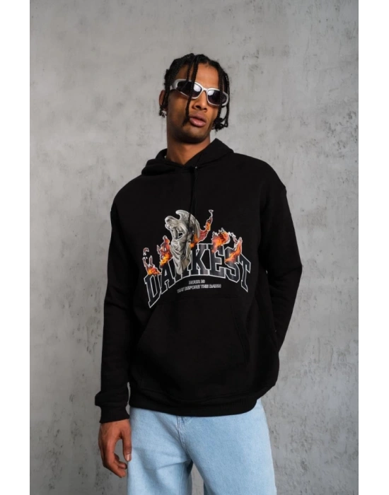 Erkek Oversize Kapüşonlu Sweatshirt – Siyah Renk Üç İplik İçi Pamuklu Kanguru Cepli Baskılı Hoodie Rahat Kalıp Kışlık Günlük Kombinlere Uygun - Siyah