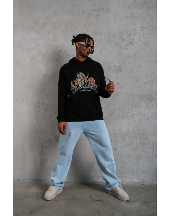 Erkek Oversize Kapüşonlu Sweatshirt – Siyah Renk Üç İplik İçi Pamuklu Kanguru Cepli Baskılı Hoodie Rahat Kalıp Kışlık Günlük Kombinlere Uygun - Siyah