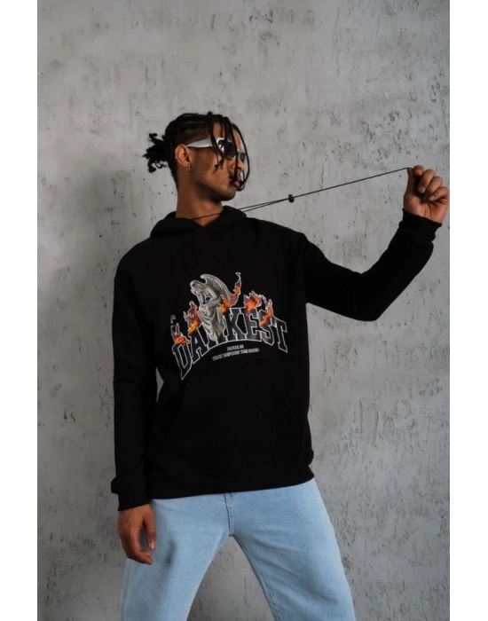 Erkek Oversize Kapüşonlu Sweatshirt – Siyah Renk Üç İplik İçi Pamuklu Kanguru Cepli Baskılı Hoodie Rahat Kalıp Kışlık Günlük Kombinlere Uygun - Siyah