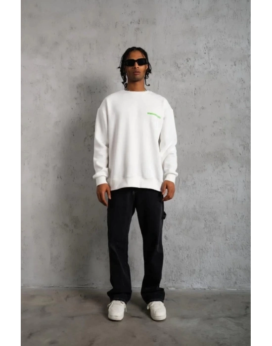 Erkek Oversize Sweatshirt – Beyaz Renk  Ön Ve Sırt Baskılı, Üç İplik İçi Pamuklu Kumaş, Rahat Kalıp, Ribanalı Kışlık Sweat  Winagain Polizei Serisi - Beyaz