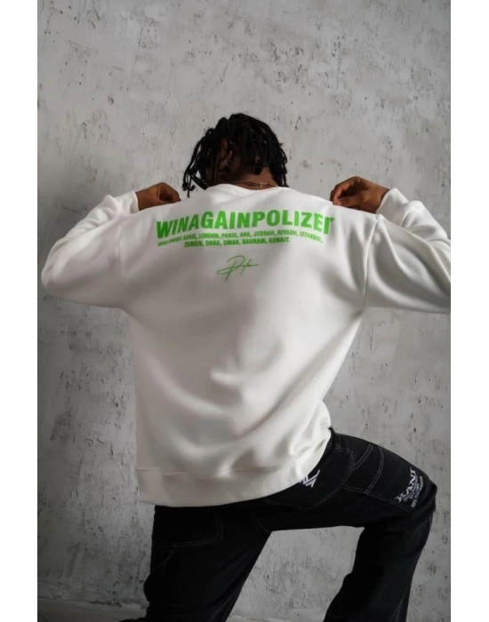 Erkek Oversize Sweatshirt – Beyaz Renk  Ön Ve Sırt Baskılı, Üç İplik İçi Pamuklu Kumaş, Rahat Kalıp, Ribanalı Kışlık Sweat  Winagain Polizei Serisi - Beyaz