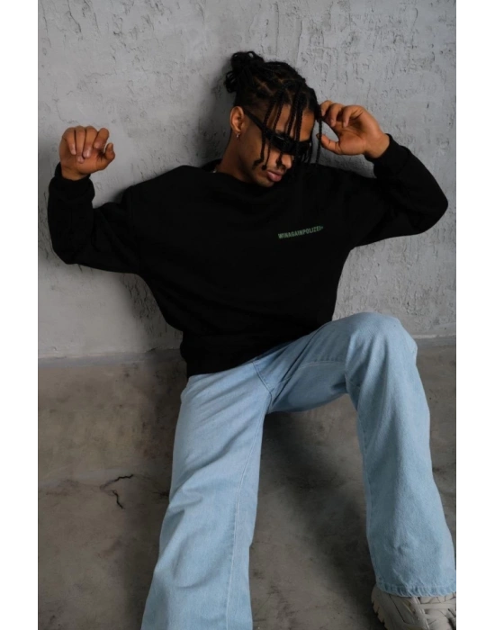 Erkek Oversize Sweatshirt – Siyah Renk  Ön Ve Sırt Baskılı, Üç İplik İçi Pamuklu Kumaş, Rahat Kalıp, Ribanalı Kışlık Sweat  Winagain Polizei Serisi - Siyah