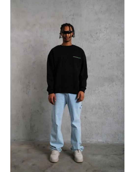Erkek Oversize Sweatshirt – Siyah Renk  Ön Ve Sırt Baskılı, Üç İplik İçi Pamuklu Kumaş, Rahat Kalıp, Ribanalı Kışlık Sweat  Winagain Polizei Serisi - Siyah