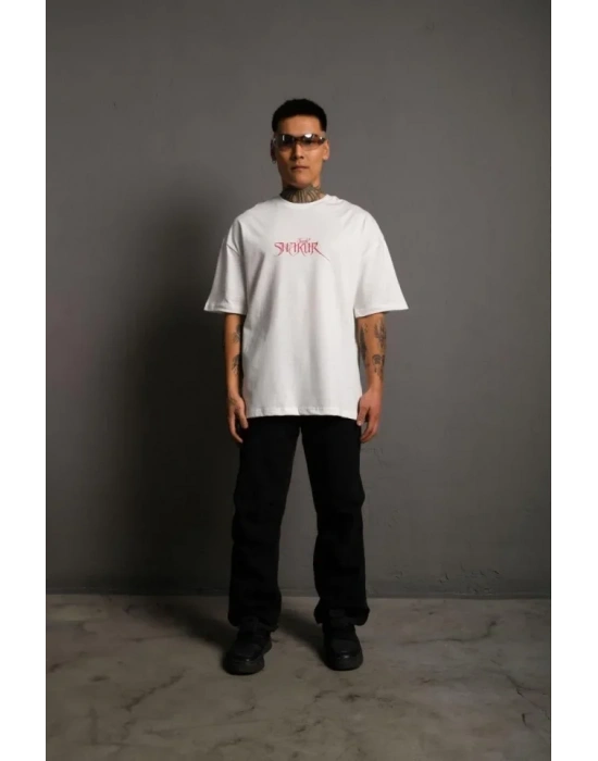 Erkek Oversize Tişört – Beyaz 24/1 Penye Kumaş, Bisiklet Yaka, Ön - Arka Baskılı, Streetwear Tarzı Rahat Büyük Kalıp T-Shirt- Beyaz
