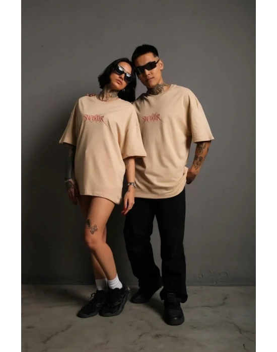 Erkek Oversize Tişört – Beyaz 24/1 Penye Kumaş, Bisiklet Yaka, Ön - Arka Baskılı, Streetwear Tarzı Rahat Büyük Kalıp T-Shirt - Bej