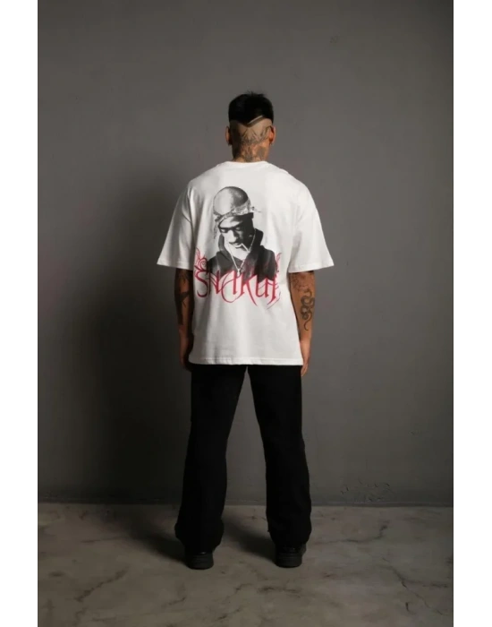 Erkek Oversize Tişört – Beyaz 24/1 Penye Kumaş, Bisiklet Yaka, Ön - Arka Baskılı, Streetwear Tarzı Rahat Büyük Kalıp T-Shirt- Beyaz