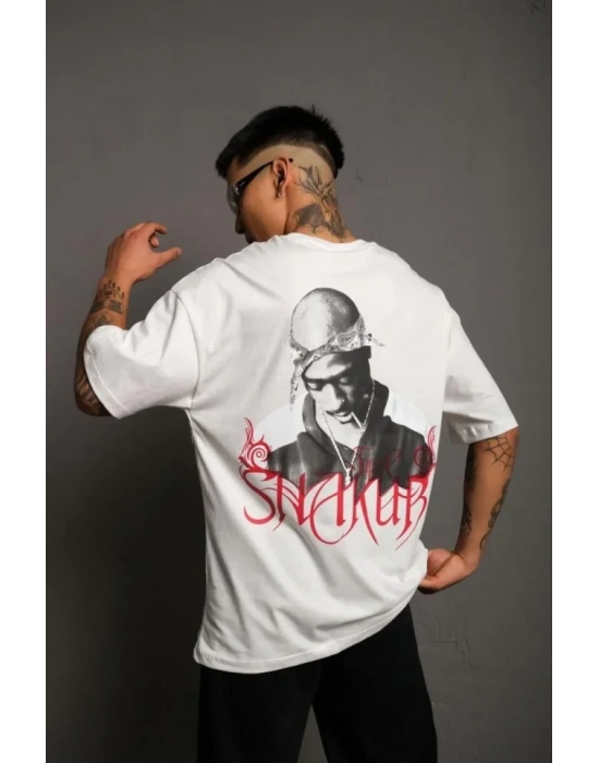 Erkek Oversize Tişört – Beyaz 24/1 Penye Kumaş, Bisiklet Yaka, Ön - Arka Baskılı, Streetwear Tarzı Rahat Büyük Kalıp T-Shirt- Beyaz