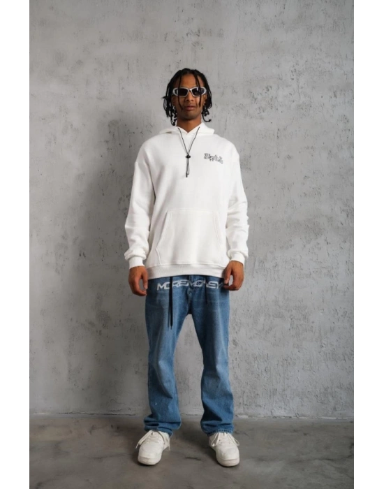 Erkek Oversize Üç İplik Kapüşonlu Sweat – Kol Ve Etek Ribana Detaylı, Ön Ve Sırt Baskılı, Kanguru Cepli Rahat Kalıp Model - Beyaz