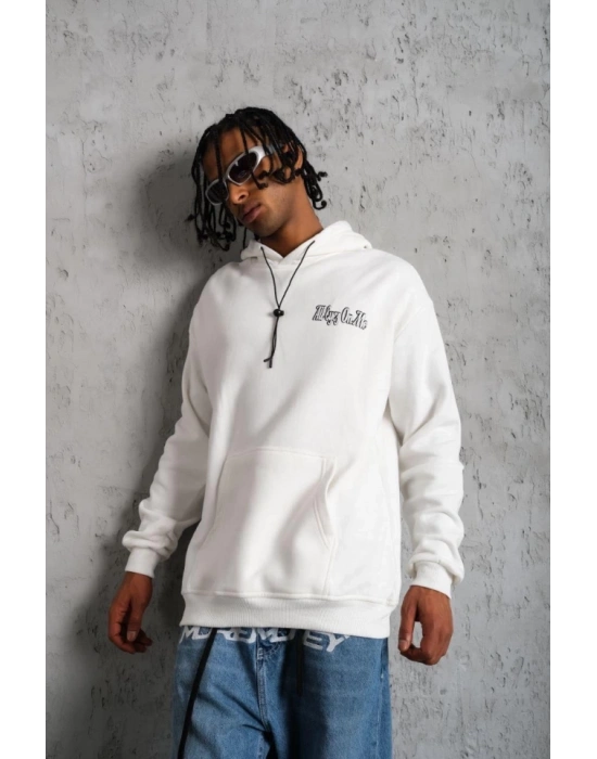 Erkek Oversize Üç İplik Kapüşonlu Sweat – Kol Ve Etek Ribana Detaylı, Ön Ve Sırt Baskılı, Kanguru Cepli Rahat Kalıp Model - Beyaz