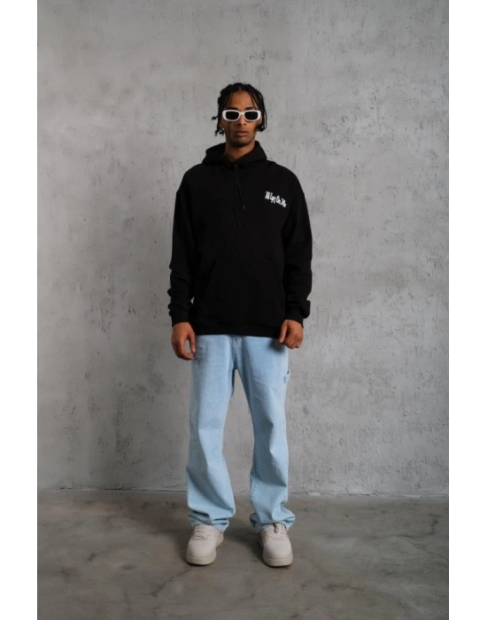 Erkek Oversize Üç İplik Kapüşonlu Sweat – Siyah Kol Ve Etek Ribana Detaylı, Ön Ve Sırt Baskılı, Kanguru Cepli Rahat Kalıp Model