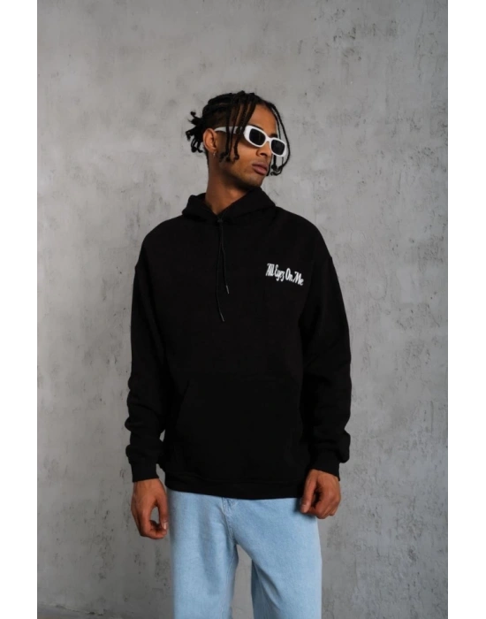 Erkek Oversize Üç İplik Kapüşonlu Sweat – Siyah Kol Ve Etek Ribana Detaylı, Ön Ve Sırt Baskılı, Kanguru Cepli Rahat Kalıp Model