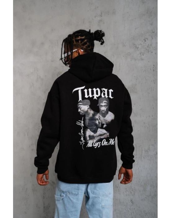 Erkek Oversize Üç İplik Kapüşonlu Sweat – Siyah Kol Ve Etek Ribana Detaylı, Ön Ve Sırt Baskılı, Kanguru Cepli Rahat Kalıp Model