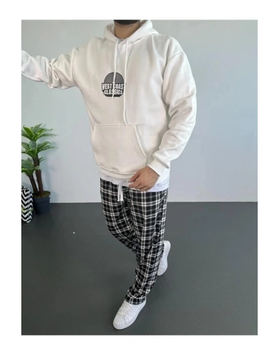 Erkek Oversize Üç İplik Kapüşonlu Sweatshirt – Beyaz Ön Baskılı, Kanguru Cepli, Rahat Kalıp, İçi Pamuklu Model