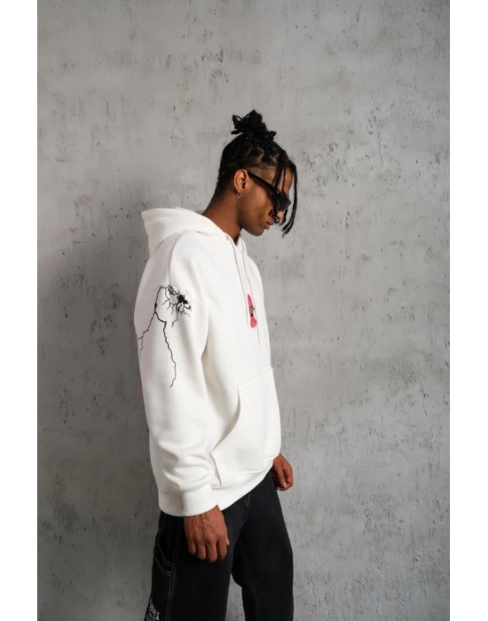 Erkek Oversize Üç İplik Kapüşonlu Sweatshirt – “Don’t Be Terrified” Ön, Sırt Ve Kol Baskılı, Kanguru Cepli, Ribanalı Rahat Model - Beyaz