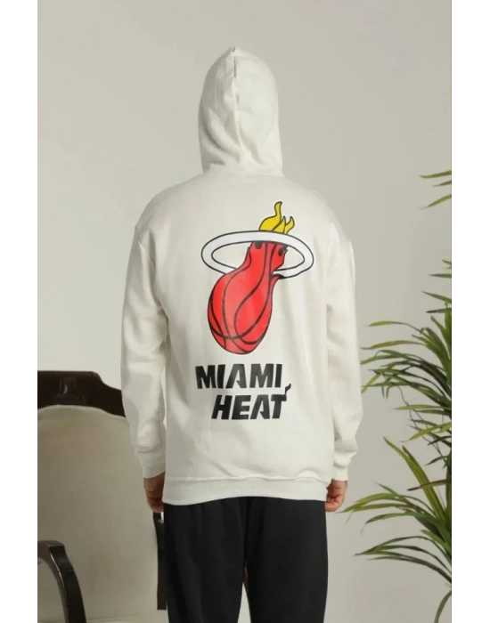 Erkek Oversize Üç İplik Kapüşonlu Sweatshirt –Sırt Ve Ön Baskılı, Kanguru Cepli, Rahat Kalıp Maskot Desenli Model - Siyah Beyaz