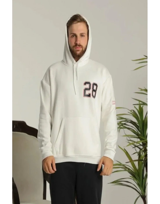 Erkek Oversize Üç İplik Kapüşonlu Sweatshirt –Sırt Ve Ön Baskılı, Kanguru Cepli, Rahat Kalıp Maskot Desenli Model - Siyah Beyaz