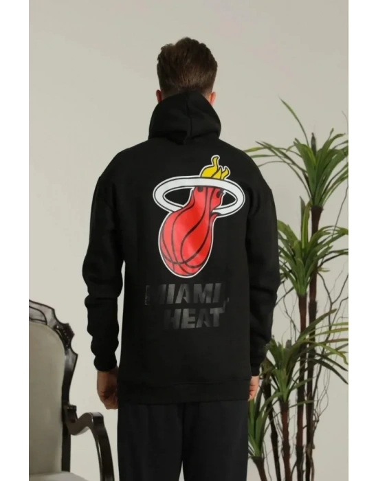 Erkek Oversize Üç İplik Kapüşonlu Sweatshirt –Sırt Ve Ön Baskılı, Kanguru Cepli, Rahat Kalıp Maskot Desenli Model - Siyah