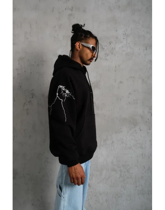 Erkek Oversize Üç İplik Kapüşonlu Sweatshirt – Siyah “Don’t Be Terrified” Ön, Sırt Ve Kol Baskılı, Kanguru Cepli, Ribanalı Rahat Model- Siyah