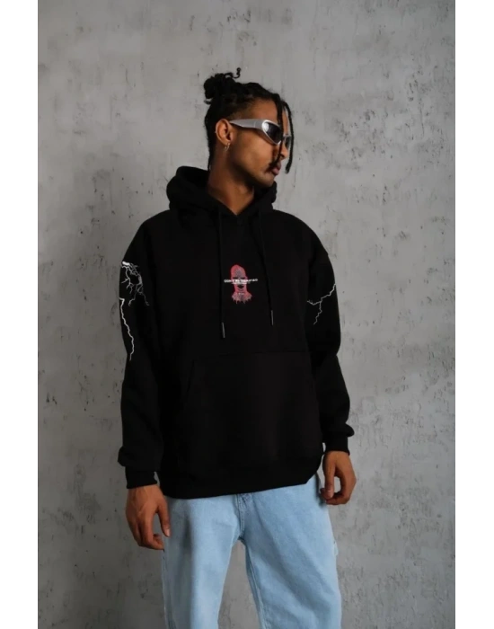 Erkek Oversize Üç İplik Kapüşonlu Sweatshirt – Siyah “Don’t Be Terrified” Ön, Sırt Ve Kol Baskılı, Kanguru Cepli, Ribanalı Rahat Model- Siyah