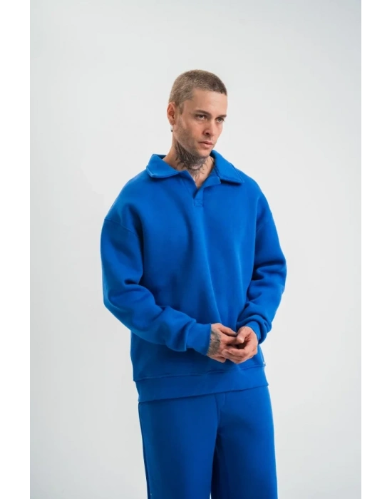Erkek Patlı Yaka Üç İplik Pamuklu Sweatshirt Double Oversize Rahat Kalıp Günlük Kullanım - Mavi