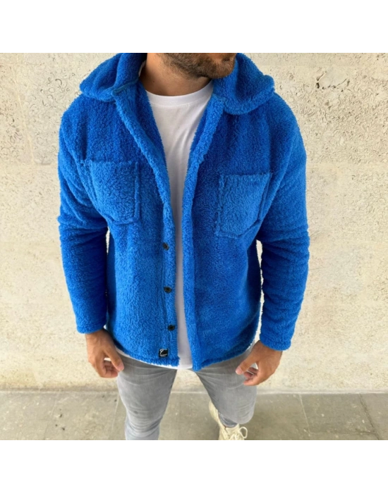 Erkek Pelüş Polar Hırka Gömlek – Yakalı, İlik Düğmeli, Göğüs Cepli, Yumuşak Dokulu Kışlık Regular Fit Rahat Günlük Model - Saks Mavisi